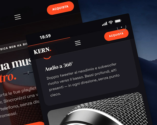Sezione design KERN — griglia a tre colonne con card testo e prodotto