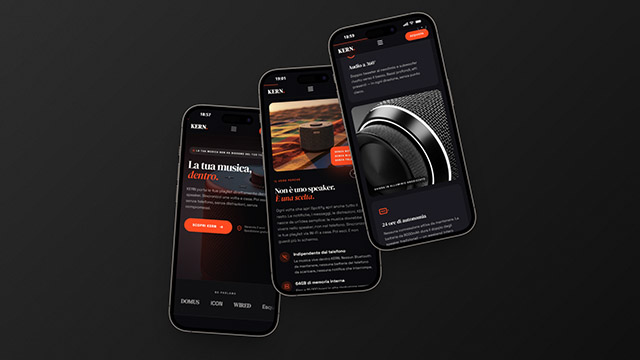 Tre schermi della landing page KERN — layout responsive mobile-first su diversi viewport